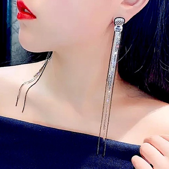 Silver Fringe Black Tassel Multistrand Zircon Dangle Earrings - Picture 1 of 6